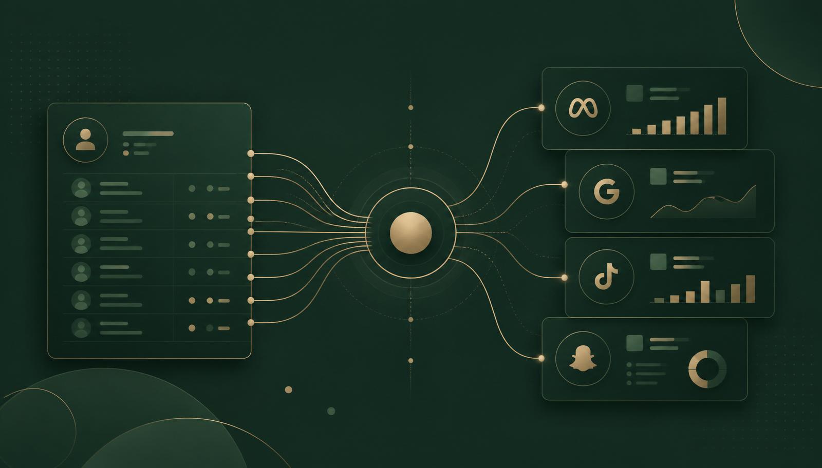 Dados de CRM conectados por um núcleo de inteligência artificial a painéis de plataformas de anúncios